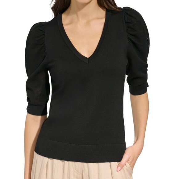 DKNY Black Half Puff‑Sleeve Mesh‑Knit V‑Neck Sweater NWT Sz L - Picture 1 of 4